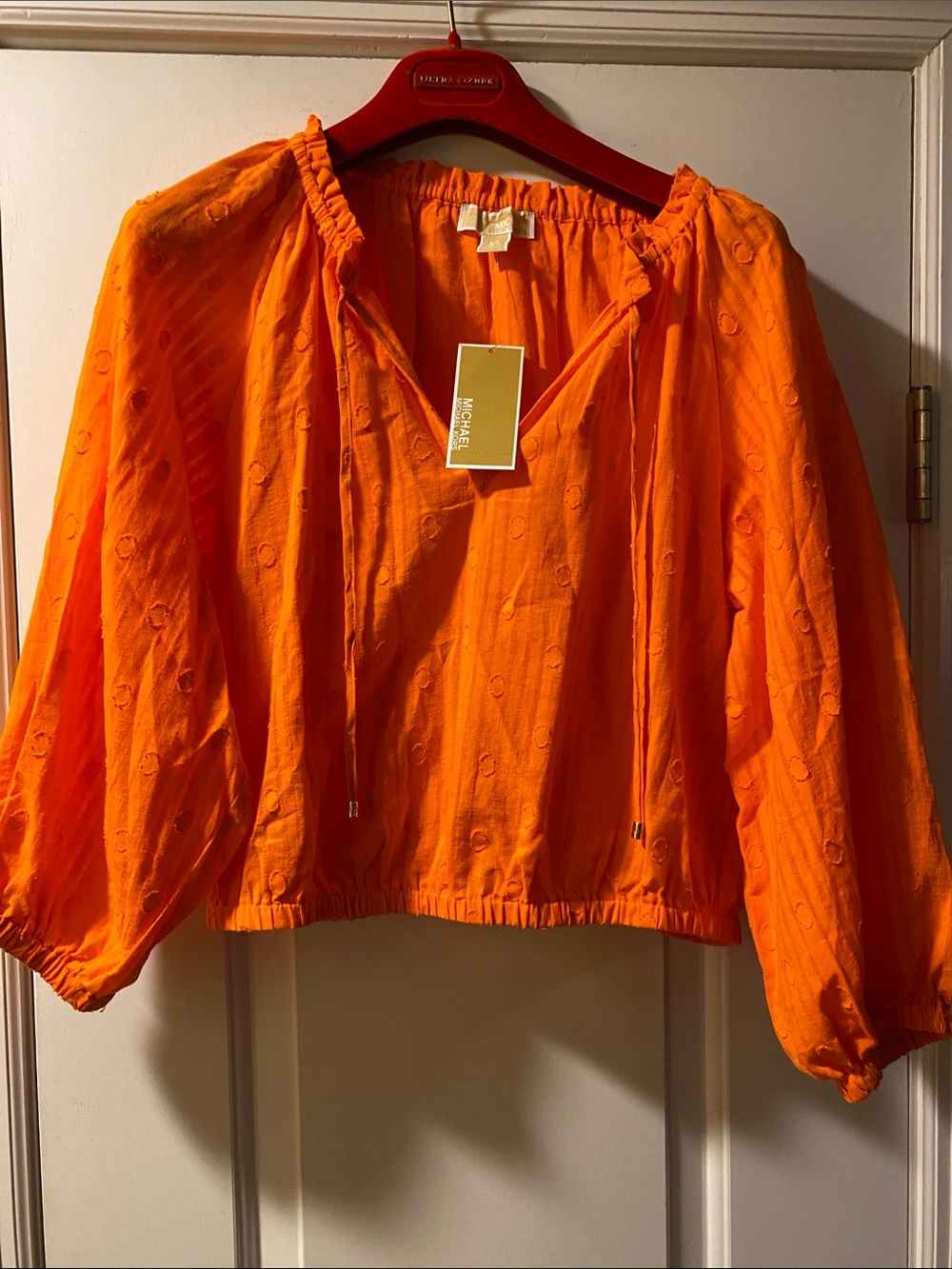 Michael Kors Orange Textured Logo Gold Ties Top NW